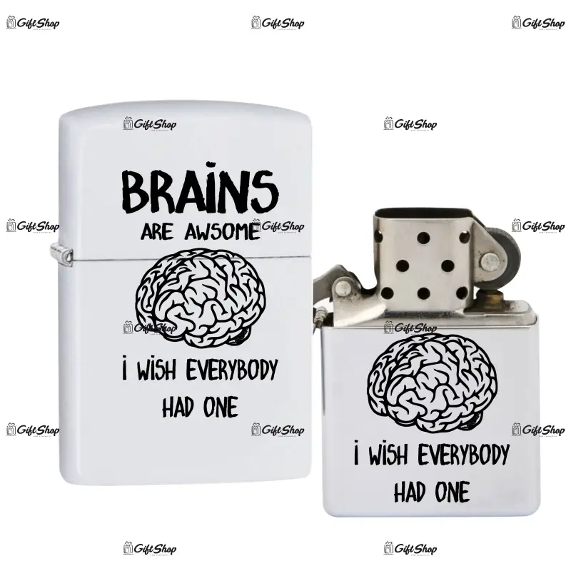 Brains are awsome, bricheta metalica gravata laser cu mesaj